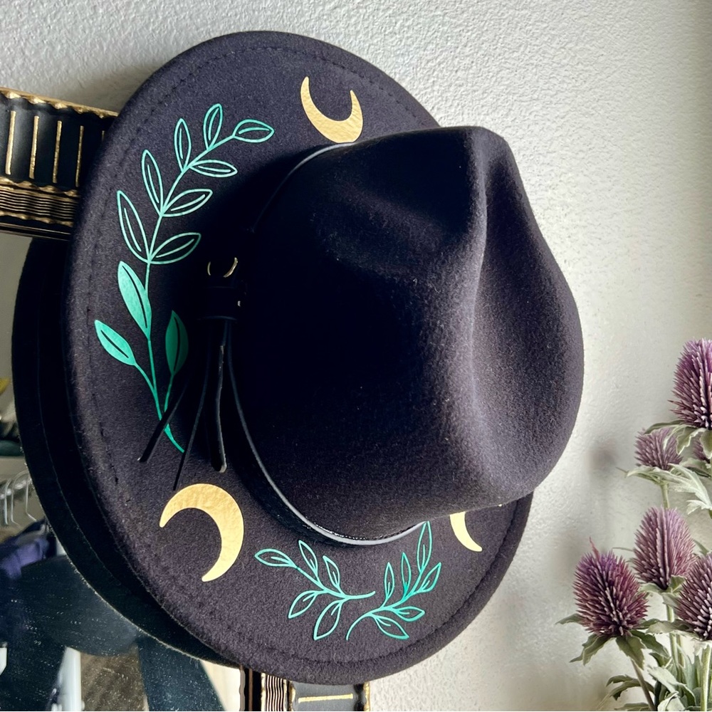 Witch Wood Fern moon fedora large brim Vegan Felt Hat Halloween